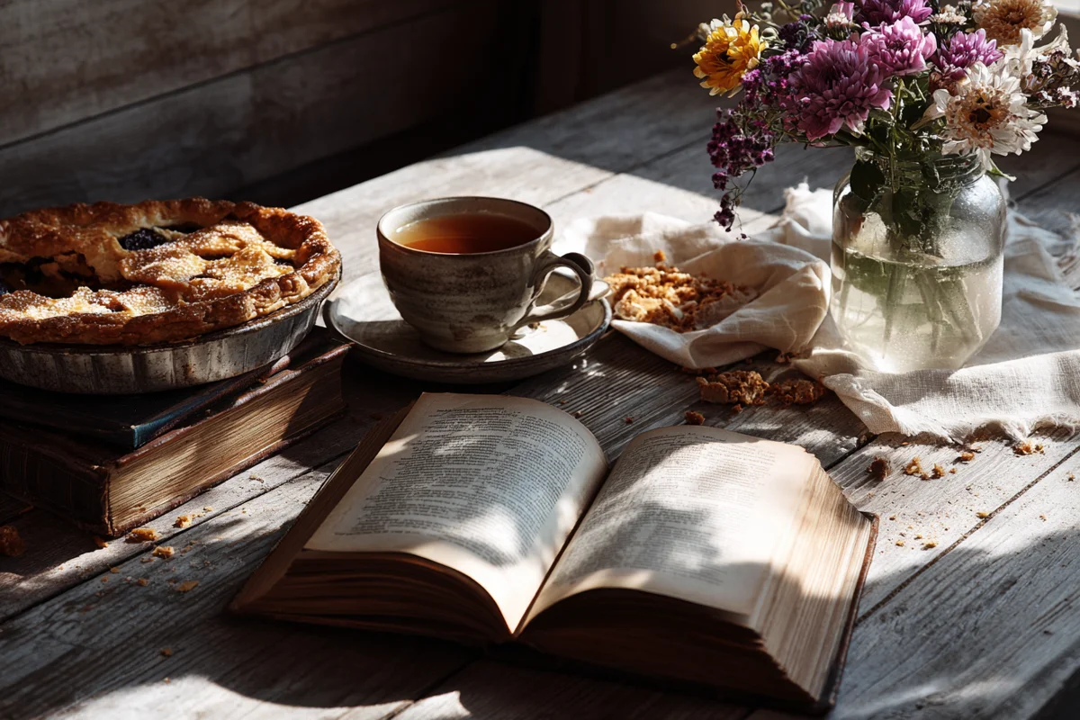 Vintage wooden table with cozy tea, open book, and rustic pie
