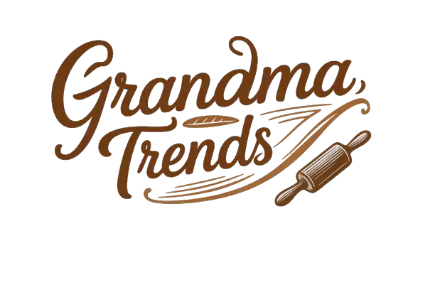 Grandma Trends logo with vintage rolling pin in brown cursive style